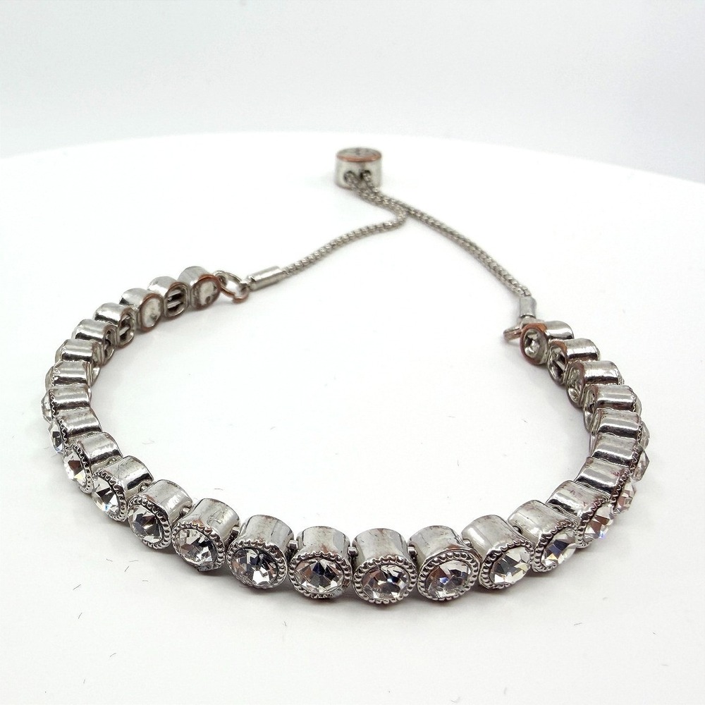 Vintage Silver Tone Rhinestone Tennis Bracelet‎ Adjustable Slider Bolo Statement